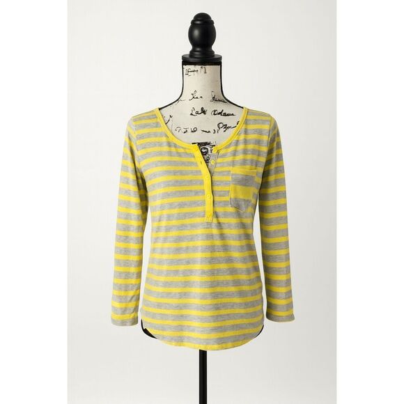 GAP Women’s Size S Yellow Gray Striped Henley Long Sleeve Top Pocket Modal Blend - Picture 1 of 5